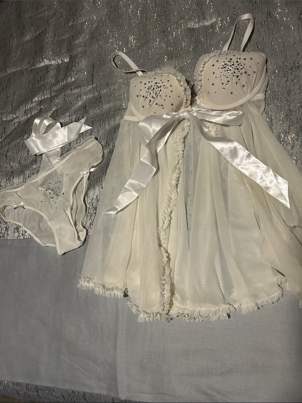 Victoria’s Secret Ivory Satin Bow Mesh Babydoll Lingerie with Embellished Cups